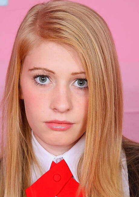 Stunning american teen Allie James in uniform revealing big knockers and bald pussy 